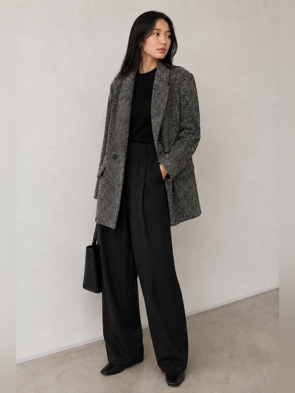 Oak + Fort Black White Bouclé Double Breasted Long Blazer Coat Jacket Size M